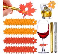 DEEKIN 48 Pcs Fall Wine Glass Charms Tags 2.56'' Maple Leaf Drink Markers Thanksgiving Paper Wine Charms Beverage Buddies with Metal Marker Pen for Wedding Bachelorette Nights Family Party