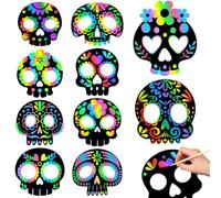 Deekin 60 Pcs Day of The Dead Scratch Masks Skulls Arts and Crafts Gift Set Halloween Skull Scratch Party Favors DIY Art Mask Craft Kit for Mexican Dia De Los Muertos Activity Party Decoration