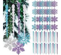 Deekin 72 Pieces Snowflake Icicle Ornaments for Christmas Tree Snowflake Twisted Icicles Glitter Hanging Decorations for Winter Xmas Tree New Year Party Supplies(Light Blue, Silver and Light Purple)