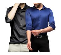 DEELMO Combo of Men's Stylish Solid Satin Casual Shirt for Men Full Sleeves| Poly Satin Silk Shirt Pack of 2, BLACK-R BLUE, XXL