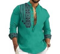 DEEMOON Men's Cotton Blend Mandarin Collar Self One Design Full Sleeve Casual Short Kurta, Rama, M
