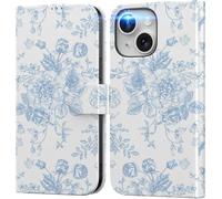 DEENAKIN for iPhone 13 Mini Wallet Case with Card Holder + Cash Clip, RFID-Blocking, Military-Grade Drop Protection, Magnetic Closure with Leather Kickstand - Blue Floral Design