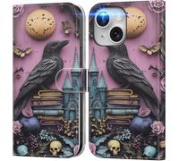 DEENAKIN for iPhone 13 Mini Wallet Case with Card Holder + Cash Clip, RFID-Blocking, Military-Grade Drop Protection, Magnetic Closure with Leather Kickstand - Gothic Skull & Raven