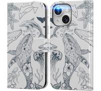 DEENAKIN for iPhone 13 Wallet Case with Card Holder + Cash Clip, RFID-Blocking, Military-Grade Drop Protection, Magnetic Closure with Leather Kickstand - Dynamic Marine Life
