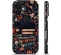 DEENAKIN for iPhone 16 Case - Wireless Charging Compatible - Dual-Layer Hard Shell & Silicone Cover - Shockproof Protective Phone Case with Trendy Cute Designs for Women - Black Cat Sleeping on Books