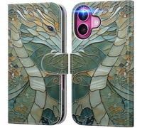 DEENAKIN for iPhone 16 Plus Wallet Case with Card Holder + Cash Clip, RFID-Blocking, Military-Grade Drop Protection & UV-Printed Artwork, Magnetic Closure with Leather Stand - an Abstract Dragon