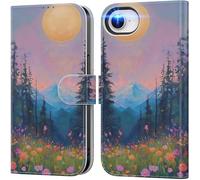 DEENAKIN for iPhone 16e Wallet Case with Card Holder + Cash Clip, RFID-Blocking, Military-Grade Drop Protection, Magnetic Closure with Leather Kickstand - Mountain Blossom Glow