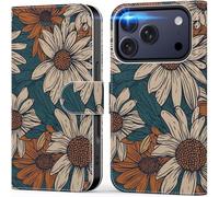 DEENAKIN for iPhone 17 Pro Wallet Case with Card Holder + Cash Clip, RFID-Blocking, Military-Grade Drop Protection, Magnetic Closure with Leather Kickstand - Floral Daisy Pattern