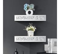 Deenz 2X Conner Shelf Crushed Diamond Mirrored Decorative Wall Shelf Triangle Corner Wall Shelves Crystal Glass Silver (Dez482)
