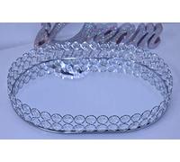 Deenz 35X25Cm Mirrored Cosmetic Ovel Double Beaded Tray (Round Crystal) Silver Organiser Mirrored Glass Metal Decorative Platters Bathroom Tray Holder For Perfume Shower Gel Cosmetics Makeup