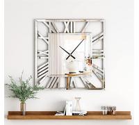 DEENZ 40X40Cm Full Mirrored Wall Clock Large Roman Numeral Clock Silver Finish Modern Home Decorative Mount (Square)