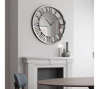 DEENZ 80Cm Full Mirrored Round Wall Clock Large Roman Numeral Clock Silver Finish Modern Home Decorative Mount