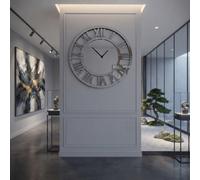 DEENZ 80Cm Full Mirrored Round Wall Clock Large Roman Numeral Clock Silver Finish Modern Home Decorative Mount