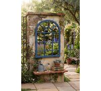 DEENZ Arched Top Window Pane Style Wall Hanging Garden Mirror Blue Rustic Grid Plastic Framed Indoor & Outdoor Vintage Décor Large Home Display 69x34Cm