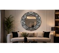 Deenz Art Deco Style Wall Mount 3D Prism Effect Mirror Black Round Plastic Geometric Trim Framed Multi-Faceted Design Home 60X59Cm