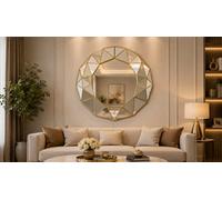 Deenz Art Deco Style Wall Mounted 3D Prism Effect Mirror Round Gold Plastic Geometric Trim Frame Multi-Faceted Design Home 60X59Cm