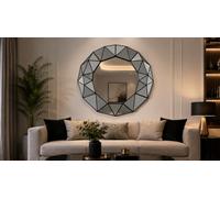 DEENZ Art Deco Style Wall Mounted 3D Prism Effect Mirror Round Plastic Geometric Trim Frame Multi-Faceted Design Home Furniture Gift Idea 60x59x5.5Cm, BLACKY
