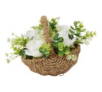 Deenz Artificial Roses Filled Floral Arrangement Traditional Natural Looking Woven Basket White-Green Plastic Foliage 15 Cm Dia .