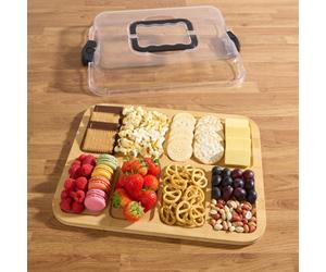 Deenz Bamboo Serving Tray With Lid & Handles Natural Finish Multiple Compartment Storage Home Event Table Deco Snap Lock 38X28X6Cm