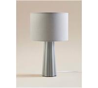 Deenz Ceramic Large Table Lamp Triangle/cone Ribbed Base Matching Drum Linen Detail Fabric Shade Brighten Home Light Grey 35X21 Cm