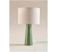 Deenz Ceramic Large Table Lamp Triangle/cone Ribbed Base Matching Drum Linen Details Fabric Shade Brighten Up Home Green 35X21 Cm