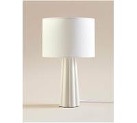 DEENZ Ceramic Large Table Lamp Triangle/Cone Ribbed Base Matching Drum Linen Details Fabric Shade Brighten Up Home Spaces Visual Appeal Classic Lightning Accent Statement 35 X 21 Cm (Cream)