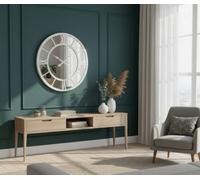 Deenz Circular Beaded Edge Silent Wall Clock Vintage Brass Finish Roman Numeral Double Row Ornate White Mirrored Face Indoor 56 Cm