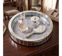 DEENZ Circular Rotating Cosmetics Organiser Silver Glass Tray Full Mirrored Border Jewelery Dressing Room Vanity Display Holder Crushed Diamond Ideal Girl Gift 30x5x2.5Cm