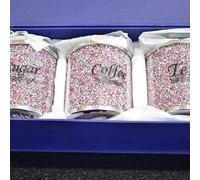 Deenz Crushed Diamond Pink Diamante Tea Coffee Sugar Canisters Jars Organiser Containers Set Gift Present