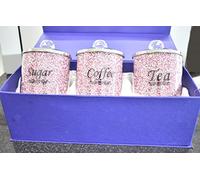 DEENZ Crushed Diamond Pink Diamante Tea Coffee Sugar Canisters Jars Organiser Containers Set Gift Present For All Occasion Home Decoration