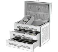 DEENZ Crystal Glass Mirrored Jewellery Box 3-Tier Storage Compartment Crushed Diamond Surface Accessories Display Square Design Silver Sparkle Cosmetics Organisation Bling Vanity Gift 24 X 18 X 16 Cm