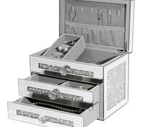 Deenz Crystal Glass Mirrored Jewellery Box 3-Tier Storage Crushed Diamond Display Square Design Silver Sparkle 24 X 18 X 16 Cm