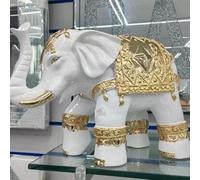 Deenz Decorative Elephant Figurine, Ceramic With Embellishments Ornament (White & Gold)
