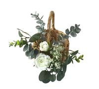 Deenz Decorative White Roses Artificial Floral Charming Wicker Basket Natural Detailed Faux Foliage Beautiful Home Flowers 23.5 Cm