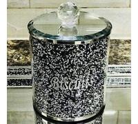 Deenz Diamond Crushed Biscuit Cookies Canister Kitchen Container Storage Jar Silver Trimmings Crystal Filled (Silver/black)