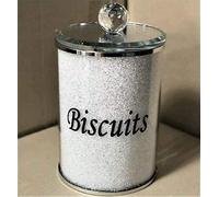 Diamond Crushed Biscuit Cookies Canister Kitchen Jar Storage Container Silver Trimmings Crystal Filled ideal gift (WHITE)
