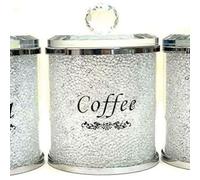 Deenz Diamond Crushed & Crystal Filled Set Of 3 Kitchen Storage Canisters Tea Coffee Sugar Jars (White)