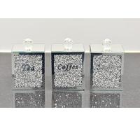 DEENZ Set Of 3 Diamond Crushed Tea Coffee Sugar Canisters Square Jars Kitchen Storage Silver Trimmings Crystal Filled
