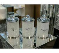 DEENZ Diamond Style Crystal containers for Coffee Tea Sugar Kitchen Storage tins, Canisters, Jars set crushed diamond loose jewel (white crystal/Silver edge)