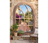 DEENZ Distressed Arched Window Soho Wall Mounted Mirror Gothic Black Brush Gold Plastic Frame Indoor/Outdoor Elegant Hallway Furniture Decor 92x62Cm