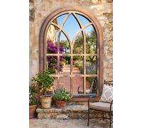 Deenz Distressed Arched Window Soho Wall Mounted Mirror Gothic Black Brush Gold Plastic Frame Indoor/outdoor Elegant Decor 92X62Cm