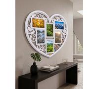 Deenz Distressed White Heart Shape 6 Opening Apertures Collage Wall Multi-Photo Frame Shabby Chic Plastic Décor 58X52.5X1.7Cm