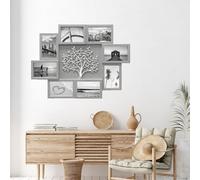 DEENZ Embossed Tree Family Photo Frame Wall Mounted Rectangular Collage 8 Openings 4x6'' With Metal Hooks Modern Rustic Style Smooth Surface Stable Hangings 60 X 46 X 2.5 Cm (Grey With Silver)