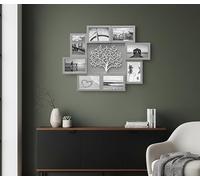 DEENZ Embossed Tree Family Photo Frame Wall Mounted Rectangular Collage 8 Openings 4x6'' With Metal Hooks Modern Rustic Style Smooth Surface Stable Hangings 60 X 46 X 2.5 Cm (Grey With Silver)