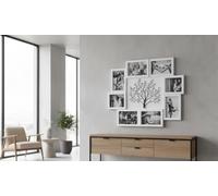 DEENZ Embossed Tree Family Photo Frame Wall Mounted Rectangular Collage 8 Openings 4x6'' With Metal Hooks Modern Rustic Style Smooth Surface Stable Hangings 60 X 46 X 2.5 Cm (White With Black)