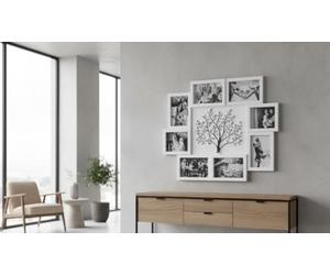 DEENZ Embossed Tree Family Photo Frame Wall Mounted Rectangular Collage 8 Openings 4x6'' With Metal Hooks Modern Rustic Style Smooth Surface Stable Hangings 60 X 46 X 2.5 Cm (White With Black)