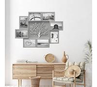 Deenz Embossed Tree Family Photo Frame Wall Mounted Rectangular Collage 8 Openings 4X6''stable Hang 60 X 46 X 2.5 Cm Grey With Silver