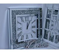 DEENZ Ex Large 60cm Square Crushed Jewel Mirror Wall Clock Black Hands Roman Diamante Black Hands Silver Eye Catching Home Décor