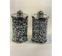 Deenz Fabulous Black+Silver Diamond Crushed & Crystal Filled Set Of Salt & Pepper Storage Canisters Organiser - Ornament
