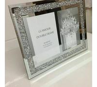 Deenz Glass Photo Frame Jewel Mirror Silver Loose Diamante Crystal Decor Mirror Sparkle (Double 4 X 6 Inches)